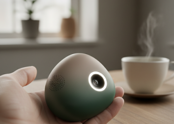 OpenAI screenless AI hardware prototype by Jony Ive and Sam Altman, AI device, minimal design, simple, playful, and calm for startups and enterprises.