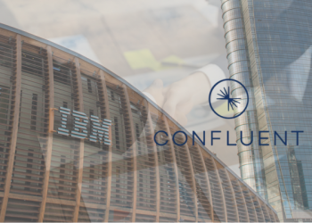 IBM Confluent acquisition graphic: real-time data streaming, enterprise artificial intelligence, hybrid cloud infrastructure, Apache Kafka platform, cloud data integration.